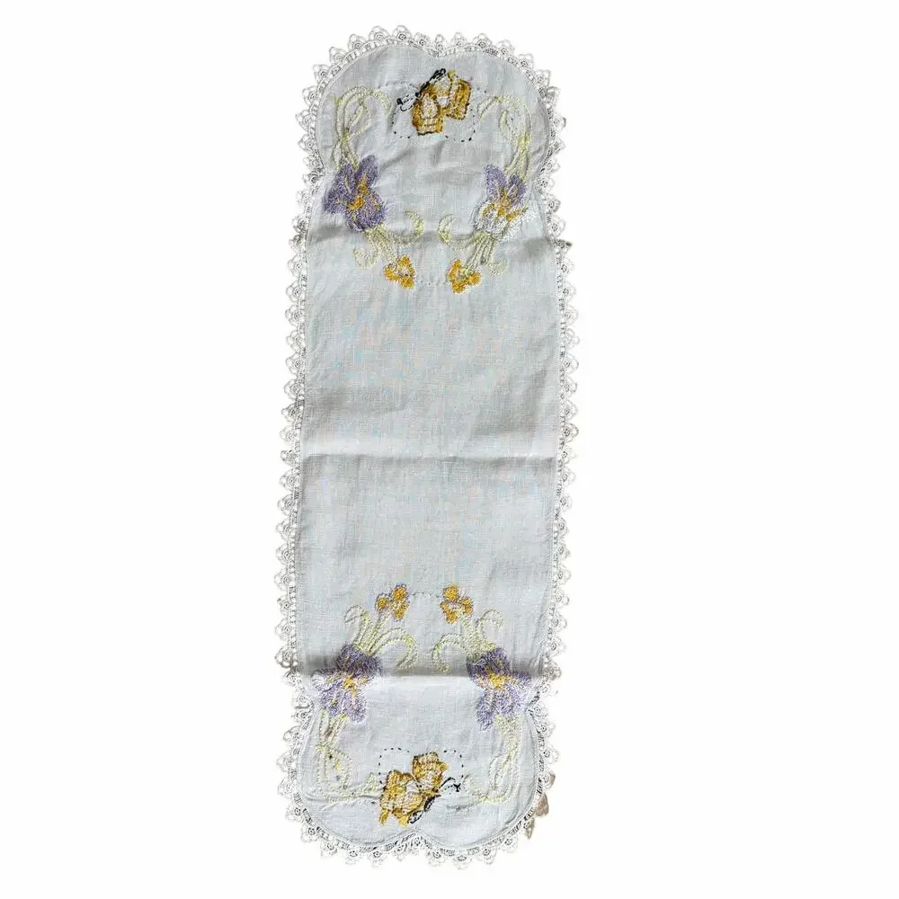 Vintage Embroidered Linen Dresser Scarf Table Runner Bee Floral 35x12.5